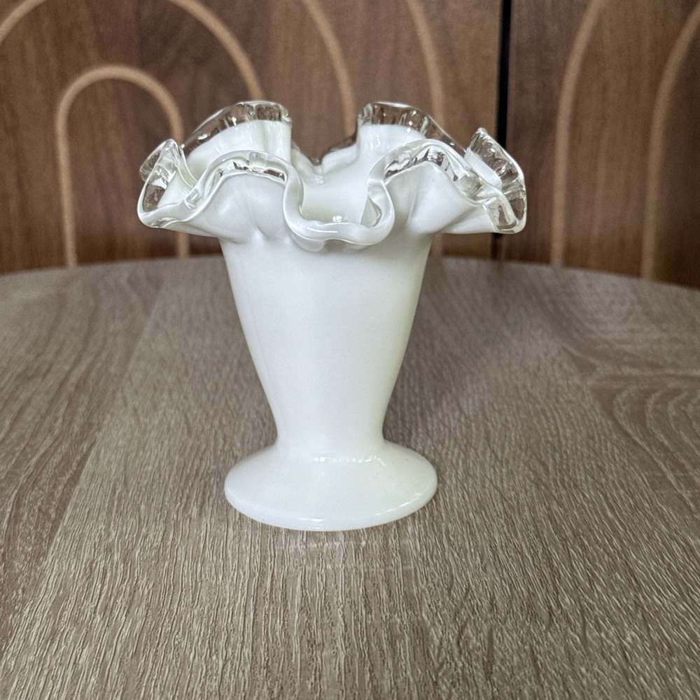 Fenton Milk Glass Vase Silver Crest Double Ruffled Edge Footed 4" Tall Vintage